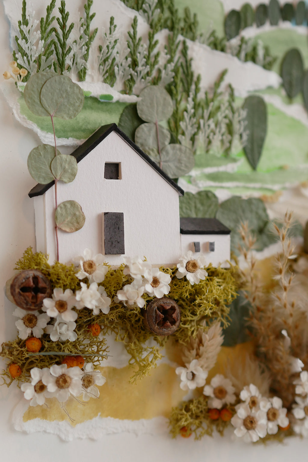 Countryside Cottage Landscape — Framed Botanical & Dried Flower Wall Art