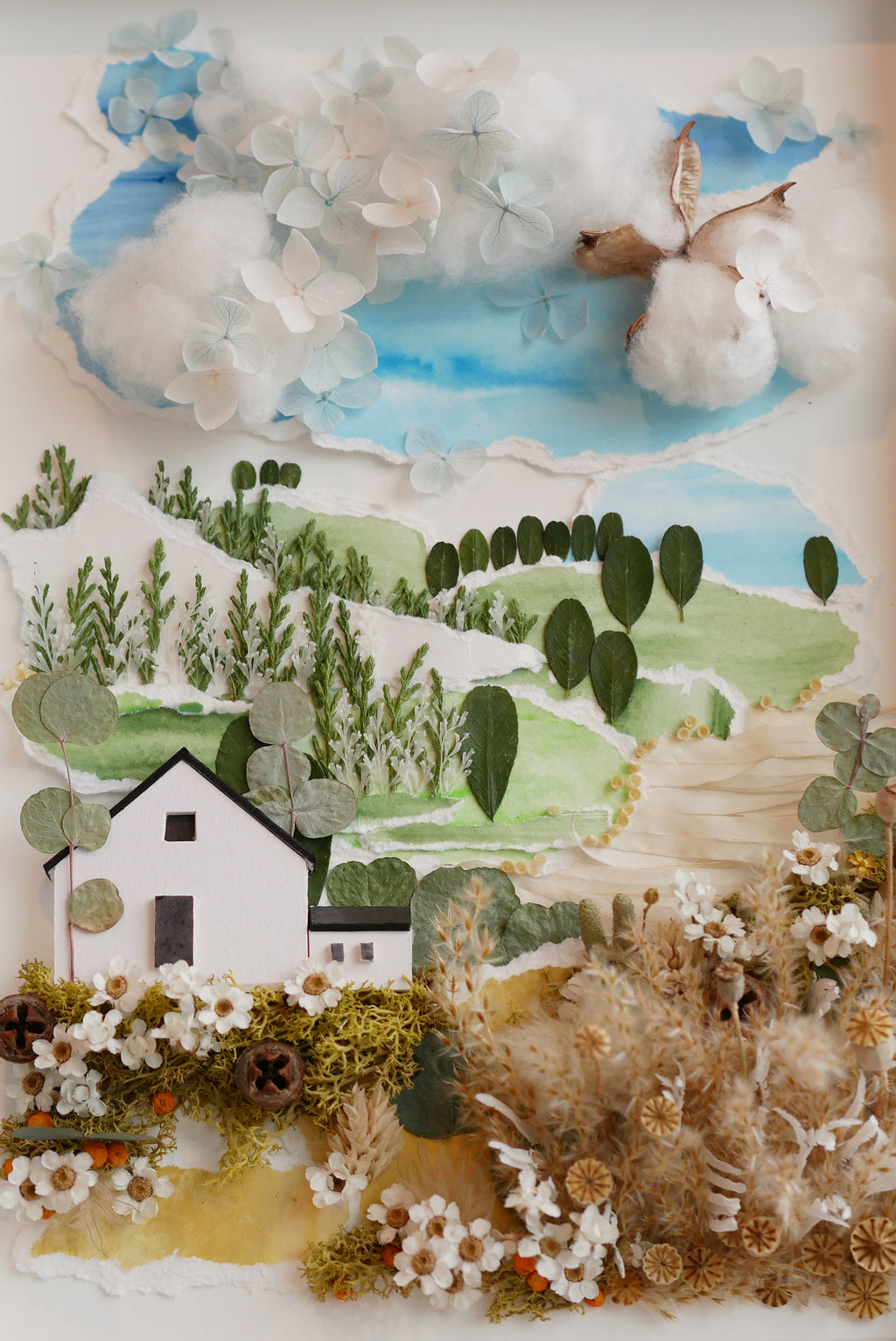 Countryside Cottage Landscape — Framed Botanical & Dried Flower Wall Art