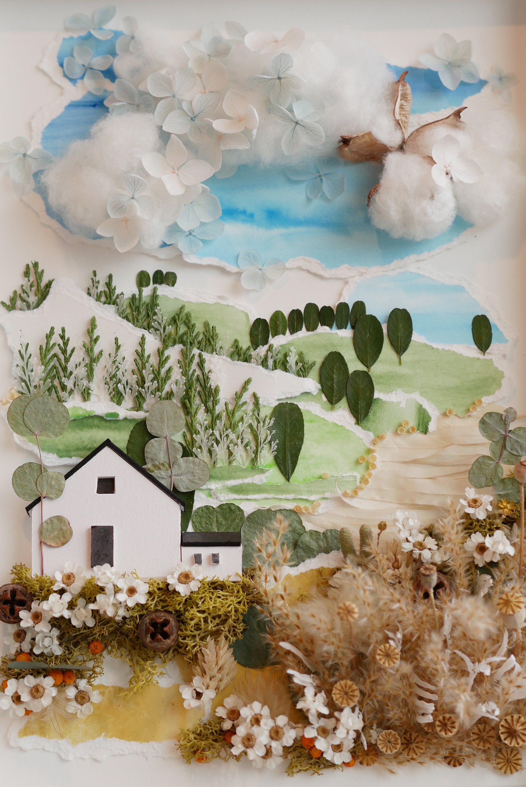 Countryside Cottage Landscape — Framed Botanical & Dried Flower Wall Art