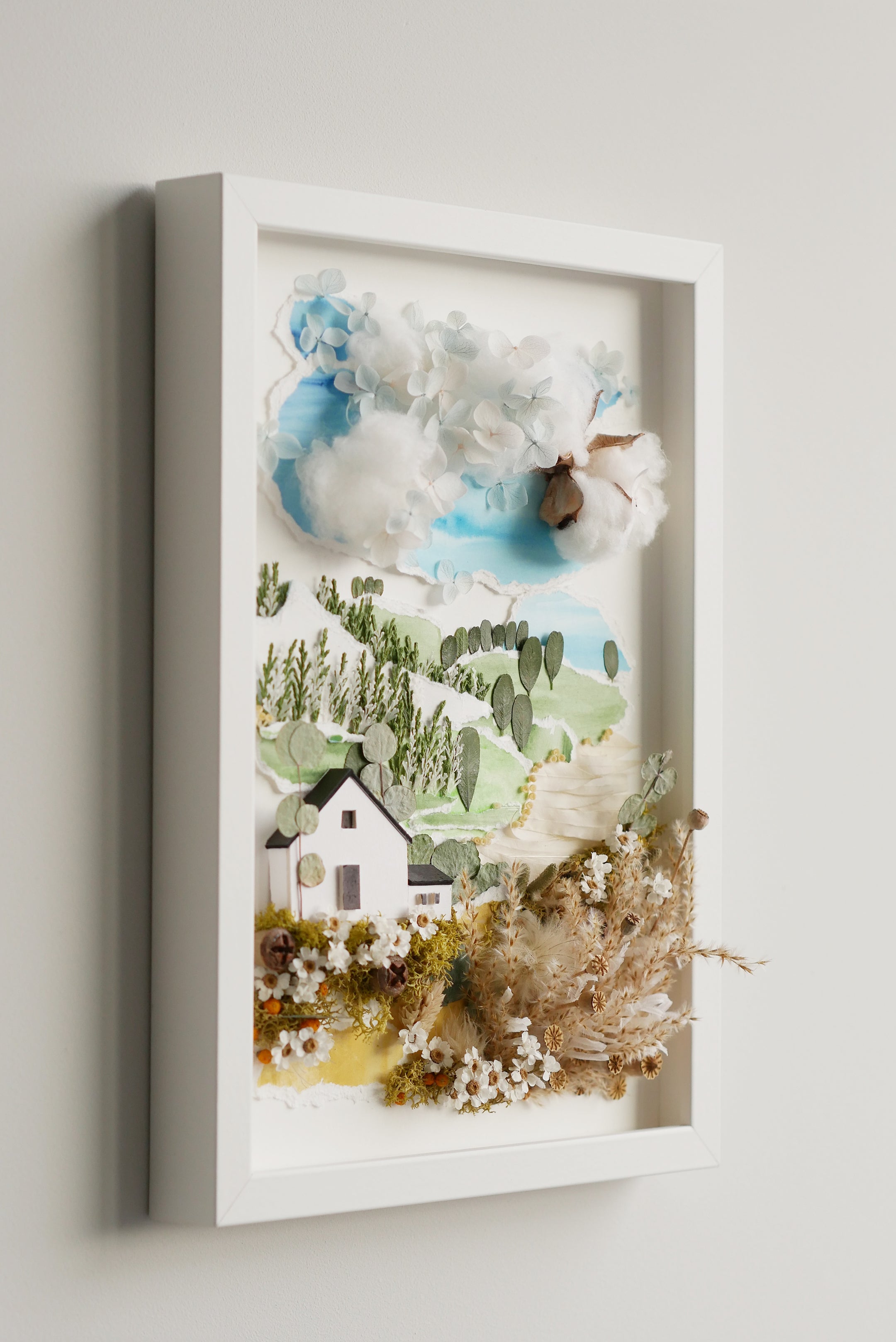 Countryside Cottage Landscape — Framed Botanical & Dried Flower Wall Art