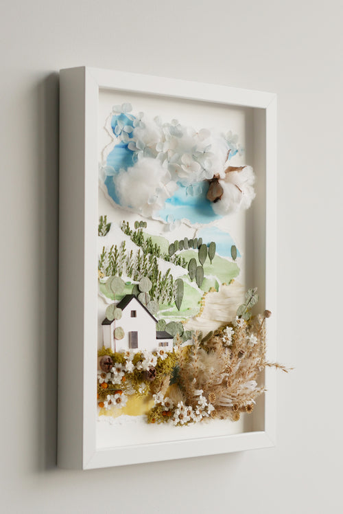 Countryside Cottage Landscape — Framed Botanical & Dried Flower Wall Art