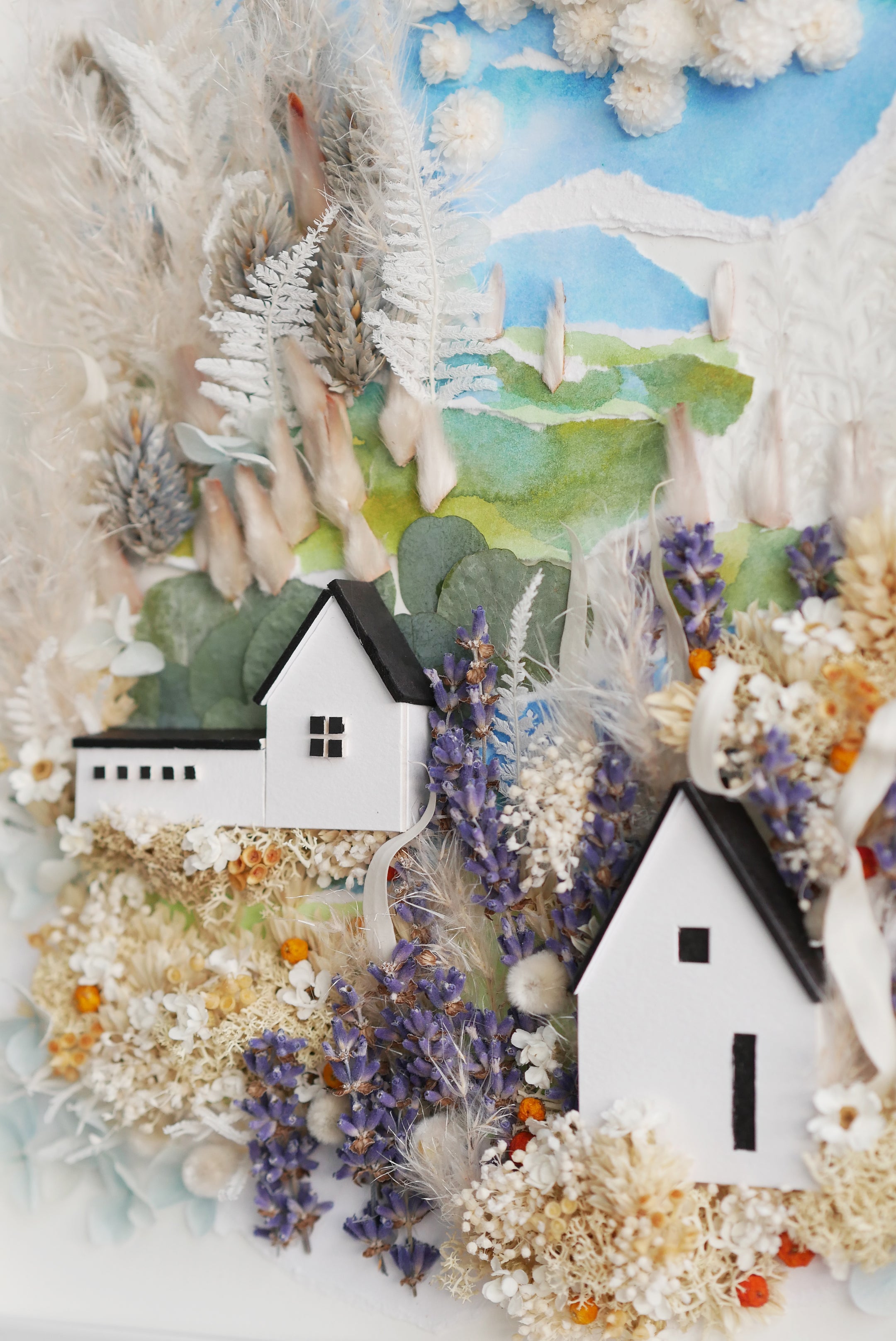 Lavender Village Landscape — Framed Botanical & Dried Flower Wall Art