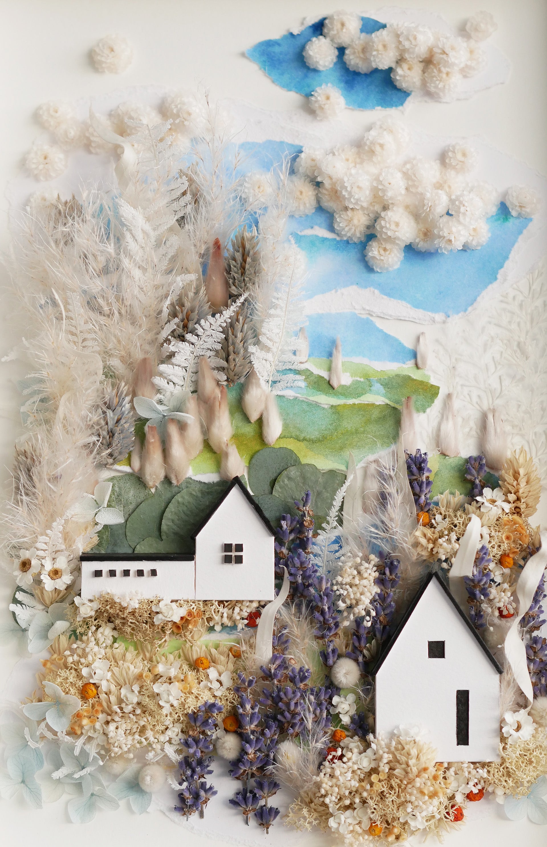 Lavender Village Landscape — Framed Botanical & Dried Flower Wall Art